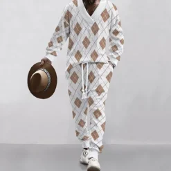 Sale OUKU Men's T-shirt Suits Pants Sets 2 Pieces Outfits Full Body V Neck Spring & Fall Geometric Fashion Casual 2 Piece Vacation Daily Wear Going out Black White Top Tee for Men