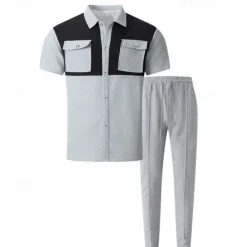 New OUKU Men's T-shirt Suits Pants Sets 2 Pieces Outfits Short Sleeve Shirt Collar Summer Color Block Fashion Casual 2 Piece Vacation Daily Wear Going out Black Wine Dark Green Top Tee for Men