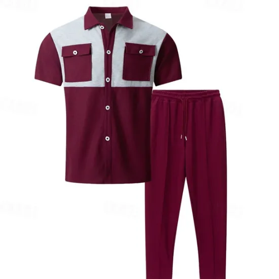 New OUKU Men's T-shirt Suits Pants Sets 2 Pieces Outfits Short Sleeve Shirt Collar Summer Color Block Fashion Casual 2 Piece Vacation Daily Wear Going out Black Wine Dark Green Top Tee for Men