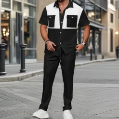 New OUKU Men's T-shirt Suits Pants Sets 2 Pieces Outfits Short Sleeve Shirt Collar Summer Color Block Fashion Casual 2 Piece Vacation Daily Wear Going out Black Wine Dark Green Top Tee for Men