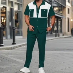 New OUKU Men's T-shirt Suits Pants Sets 2 Pieces Outfits Short Sleeve Shirt Collar Summer Color Block Fashion Casual 2 Piece Vacation Daily Wear Going out Black Wine Dark Green Top Tee for Men