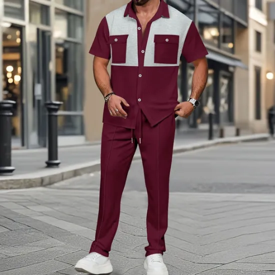New OUKU Men's T-shirt Suits Pants Sets 2 Pieces Outfits Short Sleeve Shirt Collar Summer Color Block Fashion Casual 2 Piece Vacation Daily Wear Going out Black Wine Dark Green Top Tee for Men