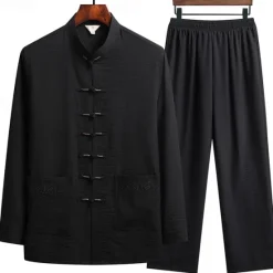OUKU Men's T-shirt Suits Shirt and Pant Sets 2 Pieces Outfits Long Sleeve Standing Collar Spring & Fall Plain Fashion Chinese Style Casual 2 Piece Vacation Daily Wear Going out Black White Navy Blue Top