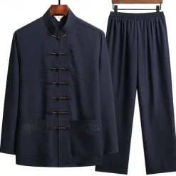 OUKU Men's T-shirt Suits Shirt and Pant Sets 2 Pieces Outfits Long Sleeve Standing Collar Spring & Fall Plain Fashion Chinese Style Casual 2 Piece Vacation Daily Wear Going out Black White Navy Blue Top