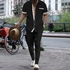 Hot OUKU Men's T-shirt Suits Shirt and Pant Sets 2 Pieces Outfits Short Sleeve Lapel Summer Color Block Fashion Casual 2 Piece Vacation Daily Wear Going out Black White Wine Top Tee for Men