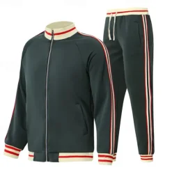 Outlet OUKU Men's T-shirt Suits Shirt and Pant Sets 2 Pieces Outfits Long Sleeve Stand Collar Summer Stripes Fashion Casual 2 Piece Vacation Daily Wear Going out Black Red Navy Blue Top Tee for Men
