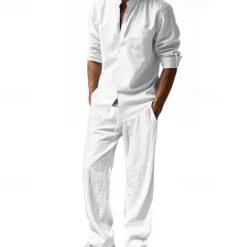 OUKU Men's T-shirt Suits Shirt and Pant Sets 2 Pieces Outfits Long Sleeve Stand Collar Summer Spring Plain Fashion Casual 2 Piece Vacation Daily Wear Going out Black White Blue Top Tee for Men