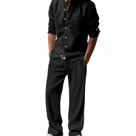 OUKU Men's T-shirt Suits Shirt and Pant Sets 2 Pieces Outfits Long Sleeve Stand Collar Summer Spring Plain Fashion Casual 2 Piece Vacation Daily Wear Going out Black White Blue Top Tee for Men
