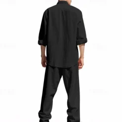 OUKU Men's T-shirt Suits Shirt and Pant Sets 2 Pieces Outfits Long Sleeve Stand Collar Summer Spring Plain Fashion Casual 2 Piece Vacation Daily Wear Going out Black White Blue Top Tee for Men