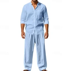 OUKU Men's T-shirt Suits Shirt and Pant Sets 2 Pieces Outfits Long Sleeve Stand Collar Summer Spring Plain Fashion Casual 2 Piece Vacation Daily Wear Going out Black White Blue Top Tee for Men