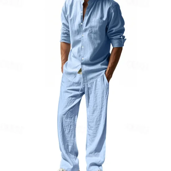OUKU Men's T-shirt Suits Shirt and Pant Sets 2 Pieces Outfits Long Sleeve Stand Collar Summer Spring Plain Fashion Casual 2 Piece Vacation Daily Wear Going out Black White Blue Top Tee for Men