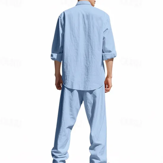 OUKU Men's T-shirt Suits Shirt and Pant Sets 2 Pieces Outfits Long Sleeve Stand Collar Summer Spring Plain Fashion Casual 2 Piece Vacation Daily Wear Going out Black White Blue Top Tee for Men