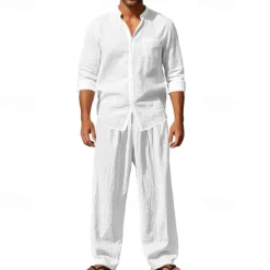 OUKU Men's T-shirt Suits Shirt and Pant Sets 2 Pieces Outfits Long Sleeve Stand Collar Summer Spring Plain Fashion Casual 2 Piece Vacation Daily Wear Going out Black White Blue Top Tee for Men