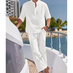 Hot OUKU Men's T-shirt Suits Shirt and Pant Sets 2 Pieces Outfits Full Body Henley Spring & Summer Plain Fashion Casual 2 Piece Vacation Daily Wear Going out Black White Blue Top Tee for Men