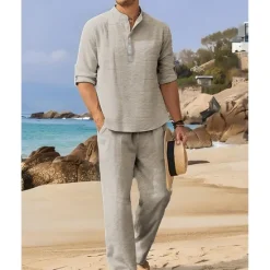 Hot OUKU Men's T-shirt Suits Shirt and Pant Sets 2 Pieces Outfits Full Body Henley Spring & Summer Plain Fashion Casual 2 Piece Vacation Daily Wear Going out Black White Blue Top Tee for Men