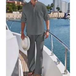 Hot OUKU Men's T-shirt Suits Shirt and Pant Sets 2 Pieces Outfits Full Body Henley Spring & Summer Plain Fashion Casual 2 Piece Vacation Daily Wear Going out Black White Blue Top Tee for Men