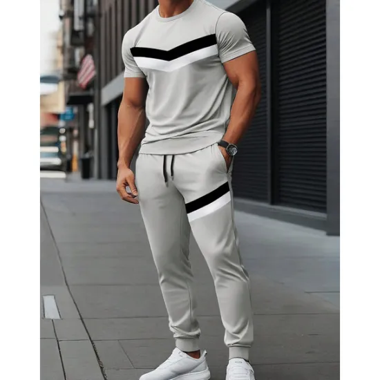 Sale OUKU Men's T-shirt Suits Shirt and Pant Sets 2 Pieces Outfits Short Sleeve Crewneck Summer Color Block Stripes Fashion Casual 2 Piece Vacation Daily Wear Going out Black Gray Top Tee for Men