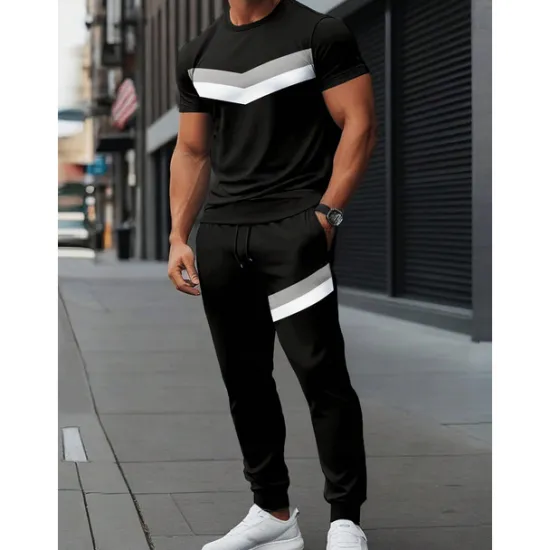Sale OUKU Men's T-shirt Suits Shirt and Pant Sets 2 Pieces Outfits Short Sleeve Crewneck Summer Color Block Stripes Fashion Casual 2 Piece Vacation Daily Wear Going out Black Gray Top Tee for Men