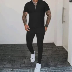 Sale OUKU Men's T-shirt Suits Shirt and Pant Sets 2 Pieces Outfits Short Sleeve Quarter Zip Summer Plain Fashion Casual 2 Piece Vacation Daily Wear Going out Black White Royal Blue Top Tee for Men