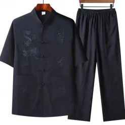 Clearance OUKU Men's T-shirt Suits Shirt and Pant Sets 2 Pieces Outfits Short Sleeve Standing Collar Summer Dragon Fashion Chinese Style Casual Embroidered 2 Piece Vacation Daily Wear Going out Yellow Red Navy Blue