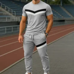 OUKU Men's T-shirt Suits Shirt and Pant Sets 2 Pieces Outfits Short Sleeve Crewneck Summer Color Block Fashion Casual Patchwork 2 Piece Vacation Daily Wear Going out Black Gray Top Tee for Men