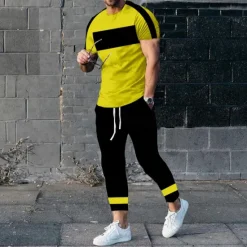 Discount OUKU Men's T-shirt Suits Shirt and Pant Sets 2 Pieces Outfits Short Sleeve Crewneck Summer Color Block Fashion Casual 2 Piece Vacation Daily Wear Going out Black White Yellow Top Tee for Men