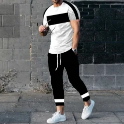 Discount OUKU Men's T-shirt Suits Shirt and Pant Sets 2 Pieces Outfits Short Sleeve Crewneck Summer Color Block Fashion Casual 2 Piece Vacation Daily Wear Going out Black White Yellow Top Tee for Men