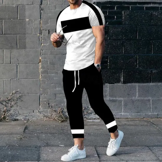 Discount OUKU Men's T-shirt Suits Shirt and Pant Sets 2 Pieces Outfits Short Sleeve Crewneck Summer Color Block Fashion Casual 2 Piece Vacation Daily Wear Going out Black White Yellow Top Tee for Men