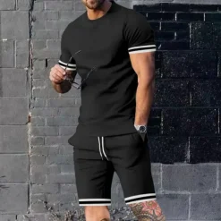 New OUKU Men's T-shirt Suits Shorts and T Shirt Set 2 Pieces Outfits Short Sleeve Crew Neck Summer Color Block Stripes Fashion Casual 2 Piece Vacation Daily Wear Going out Black Red Navy Blue Top Tee for Men