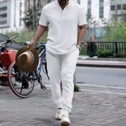 Discount OUKU Men's T-shirt Suits Tee & Drawstring Waist Pants 2 Pieces Outfits Short Sleeve Henley Summer Plain Fashion Casual 2 Piece Vacation Daily Wear Going out Black White Royal Blue Top Tee for Men