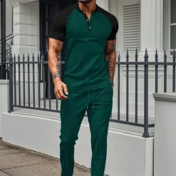 Clearance OUKU Men's T-shirt Suits Tees and Drawstring Long Pants 2 Pieces Outfits Short Sleeve Henley Summer Spring Color Block Fashion Casual 2 Piece Vacation Daily Wear Going out Wine Green Khaki Top Tee for Men