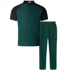 Clearance OUKU Men's T-shirt Suits Tees and Drawstring Long Pants 2 Pieces Outfits Short Sleeve Henley Summer Spring Color Block Fashion Casual 2 Piece Vacation Daily Wear Going out Wine Green Khaki Top Tee for Men