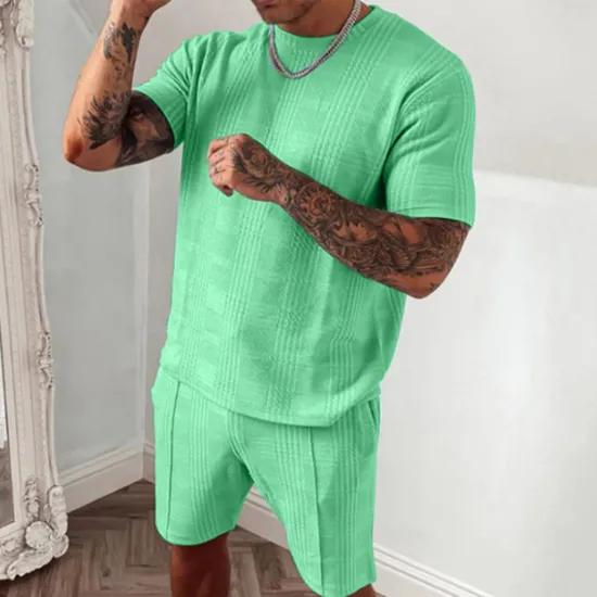Discount OUKU Men's T-shirt Suits Tracksuit Tennis Shirt Shorts and T Shirt Set Short Sleeves Crew Neck Summer Plaid Gymnatics Casual 2 Piece Vacation Daily Wear Activewear Black Blue Dark Green Top Tee for Men