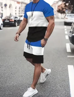Discount OUKU Men's T-shirt Suits Tracksuit Tennis Shirt Shorts and T Shirt Set Short Sleeves Crew Neck Summer Color Block Gymnatics Casual 2 Piece Vacation Daily Wear Activewear Yellow Red Blue Top Tee for Men