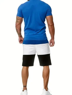 Discount OUKU Men's T-shirt Suits Tracksuit Tennis Shirt Shorts and T Shirt Set Short Sleeves Crew Neck Summer Color Block Gymnatics Casual 2 Piece Vacation Daily Wear Activewear Yellow Red Blue Top Tee for Men