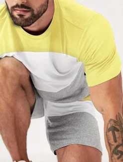 Discount OUKU Men's T-shirt Suits Tracksuit Tennis Shirt Shorts and T Shirt Set Short Sleeves Crew Neck Summer Color Block Gymnatics Casual 2 Piece Vacation Daily Wear Activewear Yellow Red Blue Top Tee for Men