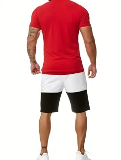 Discount OUKU Men's T-shirt Suits Tracksuit Tennis Shirt Shorts and T Shirt Set Short Sleeves Crew Neck Summer Color Block Gymnatics Casual 2 Piece Vacation Daily Wear Activewear Yellow Red Blue Top Tee for Men