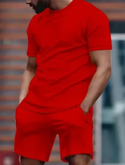 Outlet OUKU Men's T-shirt Suits Tracksuit Tennis Shirt Shorts and T Shirt Set Short Sleeves Crew Neck Summer Plain Gymnatics Casual 2 Piece Vacation Daily Wear Activewear Black White Red Top Tee for Men