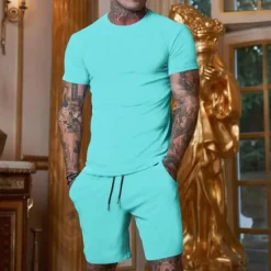 Clearance OUKU Men's T-shirt Suits Tracksuit Tennis Shirt Shorts and T Shirt Set Short Sleeve Crew Neck Spring & Summer Solid Color Sports Fashion Designer 2 Piece Outdoor Street Casual Green / Black Sea Blue Yellow