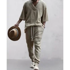 Best OUKU Men's T-shirt Suits Tracksuit Tennis Shirt Tees and Drawstring Long Pants 3/4-Length Sleeve V Neck Spring & Fall Plain Gymnatics Casual 2 Piece Knitting Vacation Daily Wear Activewear Black White