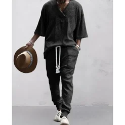Best OUKU Men's T-shirt Suits Tracksuit Tennis Shirt Tees and Drawstring Long Pants 3/4-Length Sleeve V Neck Spring & Fall Plain Gymnatics Casual 2 Piece Knitting Vacation Daily Wear Activewear Black White