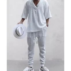 Best OUKU Men's T-shirt Suits Tracksuit Tennis Shirt Tees and Drawstring Long Pants 3/4-Length Sleeve V Neck Spring & Fall Plain Gymnatics Casual 2 Piece Knitting Vacation Daily Wear Activewear Black White