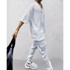 Best OUKU Men's T-shirt Suits Tracksuit Tennis Shirt Tees and Drawstring Long Pants 3/4-Length Sleeve V Neck Spring & Fall Plain Gymnatics Casual 2 Piece Knitting Vacation Daily Wear Activewear Black White