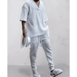 Best OUKU Men's T-shirt Suits Tracksuit Tennis Shirt Tees and Drawstring Long Pants 3/4-Length Sleeve V Neck Spring & Fall Plain Gymnatics Casual 2 Piece Knitting Vacation Daily Wear Activewear Black White