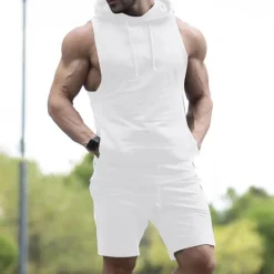 Sale OUKU Men's T-shirt Suits Tracksuit Tennis Shirt Shorts and T Shirt Set Sleeveless Short Sleeve Hooded Summer Solid Colored Sports Designer Sportswear Drawstring 2 Piece Outdoor Street Daily Black White