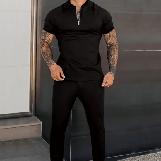 Online OUKU Men's T-shirt Suits Tracksuit Tennis Shirt Shorts and T Shirt Set Short Sleeve Henley Spring & Fall Plain Sports Designer Classic 2 Piece Outdoor Street Daily Black White Dusty Rose Top Tee for Men