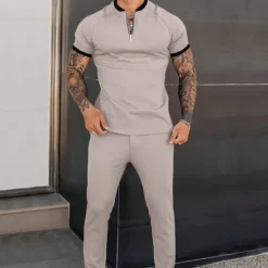 Online OUKU Men's T-shirt Suits Tracksuit Tennis Shirt Shorts and T Shirt Set Short Sleeve Henley Spring & Fall Plain Sports Designer Classic 2 Piece Outdoor Street Daily Black White Dusty Rose Top Tee for Men