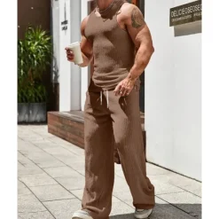 Clearance OUKU Men's T-shirt Suits Undershirt Shirt and Pant Sets 2 Pieces Outfits Sleeveless Crewneck Summer Plain Fashion Casual 2 Piece Vacation Daily Wear Going out Black Brown Khaki Top Tee for Men