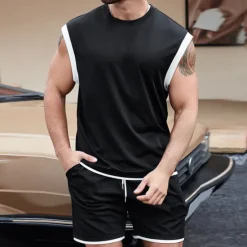 Outlet OUKU Men's T-shirt Suits Undershirt 2 Pieces Outfits Tee & Shorts Sleeveless Crewneck Summer Solid / Plain Color Fashion Casual 2 Piece Vacation Daily Wear Going out Black White Brown Top Tee for Men