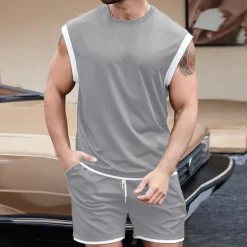 Outlet OUKU Men's T-shirt Suits Undershirt 2 Pieces Outfits Tee & Shorts Sleeveless Crewneck Summer Solid / Plain Color Fashion Casual 2 Piece Vacation Daily Wear Going out Black White Brown Top Tee for Men